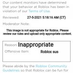 I got banned for inappropriate image | 27-5-2021 5:18:16 AM (CT); This image is not appropriate for Roblox. Please review our rules and upload only appropriate content. Inappropriate; Roblox sus; 28-5-2021 5:18:16 AM (CT) | image tagged in banned from roblox | made w/ Imgflip meme maker