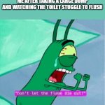 relateable? | ME AFTER TAKING A LARGE DUMP AND WATCHING THE TOILET STUGGLE TO FLUSH | image tagged in dont let the flame die out | made w/ Imgflip meme maker