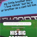 hiring hitman | my little brother says 'i love tiktok' but he is ur brother so u cant kill him; HIS BIG 
BROTHER | image tagged in ''i wanna escape this pain'' meme | made w/ Imgflip meme maker
