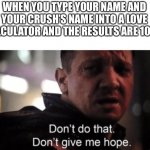 Hawkeye Don’t Give Me Hope | WHEN YOU TYPE YOUR NAME AND YOUR CRUSH’S NAME INTO A LOVE CALCULATOR AND THE RESULTS ARE 100% | image tagged in hawkeye don t give me hope,memes,funny,love calculator,crush,love | made w/ Imgflip meme maker