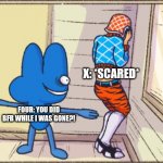 When 4 back | X: *SCARED*; FOUR: YOU DID BFB WHILE I WAS GONE?! | image tagged in four t posing over mistah,bfdi,bfb | made w/ Imgflip meme maker