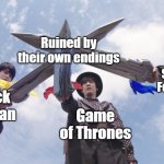 Roundtable (Saber Ver.) | Ruined by their own endings; Star vs. The Forces of Evil; Attack on Titan; Game of Thrones | image tagged in roundtable saber ver | made w/ Imgflip meme maker