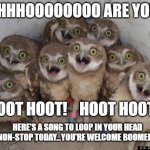 Amazed Owls | WHHHOOOOOOOO ARE YOU? HOOT HOOT!    HOOT HOOT! HERE'S A SONG TO LOOP IN YOUR HEAD NON-STOP TODAY...YOU'RE WELCOME BOOMERS | image tagged in amazed owls | made w/ Imgflip meme maker