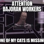 dukat01 | ONE OF MY CATS IS MISSING | image tagged in star trek deep space nine gul dukat attention bajoran workers | made w/ Imgflip meme maker