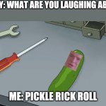 Boom big reveal! | BUDDY: WHAT ARE YOU LAUGHING ABOUT? ME: PICKLE RICK ROLL | image tagged in pickle rick | made w/ Imgflip meme maker