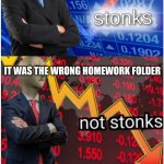 Hold up | YOU SEND YOUR "HOMEWORK" FOLDER TO YOUR TEACHER; IT WAS THE WRONG HOMEWORK FOLDER; HE GIVES YOU AN A+ AND SHOWS YOU HIS "HOMEWORK" FOLDER | image tagged in stonks not stonks confused stonks | made w/ Imgflip meme maker