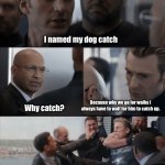 Ah yes | I named my dog catch; Because why we go for walks I always have to wait for him to catch up. Why catch? | image tagged in captin america in elavator | made w/ Imgflip meme maker
