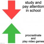 Imgflip upvote and downvote | study and pay attention in school; procrastinate and play video games | image tagged in imgflip upvote and downvote | made w/ Imgflip meme maker