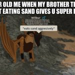 i was dumb back then | 4 YR OLD ME WHEN MY BROTHER TELLS ME THAT EATING SAND GIVES U SUPER POWERS | image tagged in 4 yr old me,stupid,sand | made w/ Imgflip meme maker