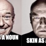Happy Man and Serious Man | SKIN AS A VERB; SKIN AS A NOUN | image tagged in happy man and serious man | made w/ Imgflip meme maker
