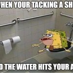 Spongebob Caveman Bathroom | WHEN YOUR TACKING A SHIT; AND THE WATER HITS YOUR ASS | image tagged in spongebob caveman bathroom | made w/ Imgflip meme maker
