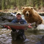 Man, fish, and bear