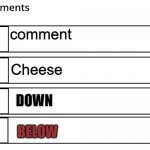 FlipBook comments | comment; Cheese; DOWN; BELOW | image tagged in flipbook comments | made w/ Imgflip meme maker