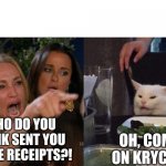 Mulder and Krycek | WHO DO YOU THINK SENT YOU THOSE RECEIPTS?! OH, COME ON KRYCEK! | image tagged in cat yelling,x files | made w/ Imgflip meme maker