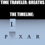 Time travele- shut | TIME TRAVELER: BREATHS; THE TIMELINE: | image tagged in pixar | made w/ Imgflip meme maker