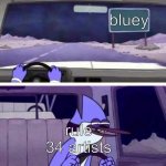 we all know that bluey is 7 but formally 6 | bluey; rule 34 artists | image tagged in regular show oh yeh | made w/ Imgflip meme maker