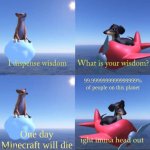 Please help me i am dying | 99.9999999999999999% of people on this planet; One day Minecraft will die | image tagged in wisdom dog rejected,minecraft | made w/ Imgflip meme maker