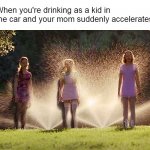 Cokie and Friends Soaked by Sprinklers | When you're drinking as a kid in the car and your mom suddenly accelerates | image tagged in cokie and friends soaked by sprinklers,memes,cokie | made w/ Imgflip meme maker