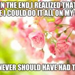 Doing it All | IN THE END I REALIZED THAT WHILE I COULD DO IT ALL ON MY OWN, I NEVER SHOULD HAVE HAD TO. | image tagged in pretty pink flowers | made w/ Imgflip meme maker