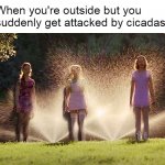 Cokie and Friends Soaked by Sprinklers | When you're outside but you suddenly get attacked by cicadas | image tagged in cokie and friends soaked by sprinklers,memes,cokie,cicadas,cicada | made w/ Imgflip meme maker
