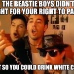 Fight for Your Right | THE BEASTIE BOYS DIDN’T FIGHT FOR YOUR RIGHT TO PARTY; JUST SO YOU COULD DRINK WHITE CLAW | image tagged in beastie boys | made w/ Imgflip meme maker