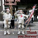 Nordic Neighbours | Thank you 
Iceland!
       /; \        
Thank 
you Norway! | image tagged in british explorers,trade,brexit,iceland,norway,fishing | made w/ Imgflip meme maker