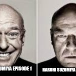 Haruhi | HARUHI SUZUMIYA EPISODES 2-28; HARUHI SUZUMIYA EPISODE 1 | image tagged in guy smiling guy frowning,haruhi suzumiya | made w/ Imgflip meme maker