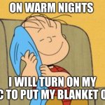 Linus and his Blanket | ON WARM NIGHTS; I WILL TURN ON MY AC TO PUT MY BLANKET ON | image tagged in linus and his blanket | made w/ Imgflip meme maker