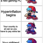 i give up making titles | You can finally afford a new gaming PC; Hyperinflation begins; Your country is at war so you have to pay extra tax; Your girlfriend asks you to pay child support | image tagged in bf depressed | made w/ Imgflip meme maker