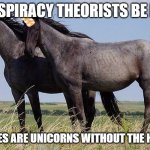 It do be true tho | CONSPIRACY THEORISTS BE LIKE:; HORSES ARE UNICORNS WITHOUT THE HORNS | image tagged in horse and unicorn | made w/ Imgflip meme maker