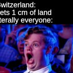 you what m8? | Switzerland: gets 1 cm of land
literally everyone: | image tagged in surprised open mouth,holy shit,switzerland,neutral,omg,memes | made w/ Imgflip meme maker