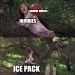 Cokie Knocked Out of the Tree by a Ball and Into the Dumpster | SCHOOL NURSES; INJURIES; ICE PACK | image tagged in cokie knocked out of the tree by a ball and into the dumpster,memes,injuries,school,nurses,ice | made w/ Imgflip meme maker