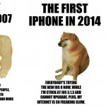 The first iphone (extended) | THE FIRST IPHONE IN 2014; THE FIRST IPHONE IN 2021; THE FIRST IPHONE IN 2007; I'M JUST A USELESS PIECE OF CRAP NOW, SINCE EVERYONE'S TRYING THE NEW IOS 15, A PHONE WITH 12 IOSES BEHIND CAN'T DO ANYTHING, EVEN CONNECT THE INTERNET. I CAN'T DOWNLOAD ANY APPS BECAUSE NO APPS ARE COMPATIBLE FOR THIS IOS. I'M A PHONE WITH A LOT OF FEATURES: I CAN NOT ONLY CALL PEOPLE, I CAN TAKE PICTURE, LISTEN TO MUSIC, AND ACCESS THE INTERNET AND MORE; EVERYBODY'S TRYING THE NEW IOS 8 NOW, WHILE I'M STUCK AT IOS 3.1.3 AND CANNOT UPGRADE. PLUS, MY INTERNET IS SO FREAKING SLOW. | image tagged in buff doge vs cheems extended,iphone,buff doge vs cheems,memes | made w/ Imgflip meme maker