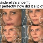 Top 10 questions science still can't answer | If cinderella's shoe fit her perfectly, how did it slip off? | image tagged in calculating meme,cinderella,funny,memes | made w/ Imgflip meme maker