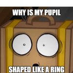 Extremely Shocked Suitcase | WHY IS MY PUPIL; SHAPED LIKE A RING | image tagged in shocked suitcase | made w/ Imgflip meme maker