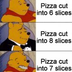 Pizza time | Pizza cut
into 6 slices; Pizza cut
into 8 slices; Pizza cut
into 7 slices | image tagged in tuxedo winnie the pooh derpy,memes,pizza | made w/ Imgflip meme maker