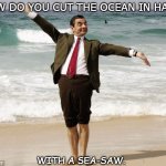 Daily Bad Dad Joke June 9 2021 | HOW DO YOU CUT THE OCEAN IN HALF? WITH A SEA-SAW. | image tagged in mr bean at the ocean | made w/ Imgflip meme maker