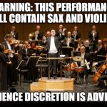 Sax and violins | WARNING: THIS PERFORMANCE WILL CONTAIN SAX AND VIOLINS. AUDIENCE DISCRETION IS ADVISED. | image tagged in orchestra | made w/ Imgflip meme maker