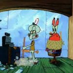 Squidward cleaning up