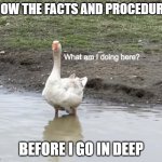 What am I doing here? | KNOW THE FACTS AND PROCEDURES; BEFORE I GO IN DEEP | image tagged in what am i doing here | made w/ Imgflip meme maker