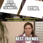 Too true. | BEING GONE FOR TEN MINUTES. DYING. BEST FRIENDS | image tagged in coorperate needs to find | made w/ Imgflip meme maker
