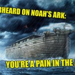 Noah's Ark | OVERHEARD ON NOAH’S ARK:; YOU’RE A PAIN IN THE ARK! | image tagged in noah's ark,biblical humor | made w/ Imgflip meme maker