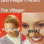 VILLAGER (and Pillager?) NEWS (The What?) | Mojang: VILLAGER (and Pillager?) NEWS; The Villager:; Village and; WHAT | image tagged in the what,minecraft villagers,news | made w/ Imgflip meme maker