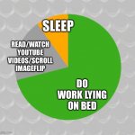 What I do in bed | SLEEP; READ/WATCH YOUTUBE VIDEOS/SCROLL IMAGEFLIP; DO WORK LYING ON BED | image tagged in pie chart,funny,life | made w/ Imgflip meme maker