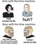 title | huh? Wait! choose the life; i got a time machine so i came to see my past self and create a paradox; i knew i would do that | image tagged in woman vs man time travel | made w/ Imgflip meme maker