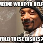 The dishes are done, man... | SOMEONE WANT TO HELP ME; FOLD THESE DISHES? | image tagged in snoop dog high | made w/ Imgflip meme maker