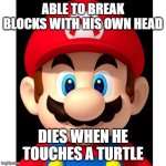 super mario | ABLE TO BREAK BLOCKS WITH HIS OWN HEAD; DIES WHEN HE TOUCHES A TURTLE | image tagged in super mario | made w/ Imgflip meme maker