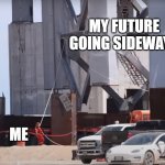 Holding on my future | MY FUTURE GOING SIDEWAYS; ME | image tagged in red hat strong man tower lift,boca chica,starbase,future,sad | made w/ Imgflip meme maker
