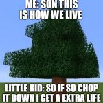Minecraft Tree | ME: SON THIS IS HOW WE LIVE; LITTLE KID: SO IF SO CHOP IT DOWN I GET A EXTRA LIFE | image tagged in minecraft tree | made w/ Imgflip meme maker