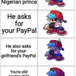 Is BF really still in financial issues? | You get a call from a Nigerian prince He asks for your PayPal He also asks for your girlfriend's PayPal You're still paying child support fr | image tagged in bf depressed | made w/ Imgflip meme maker
